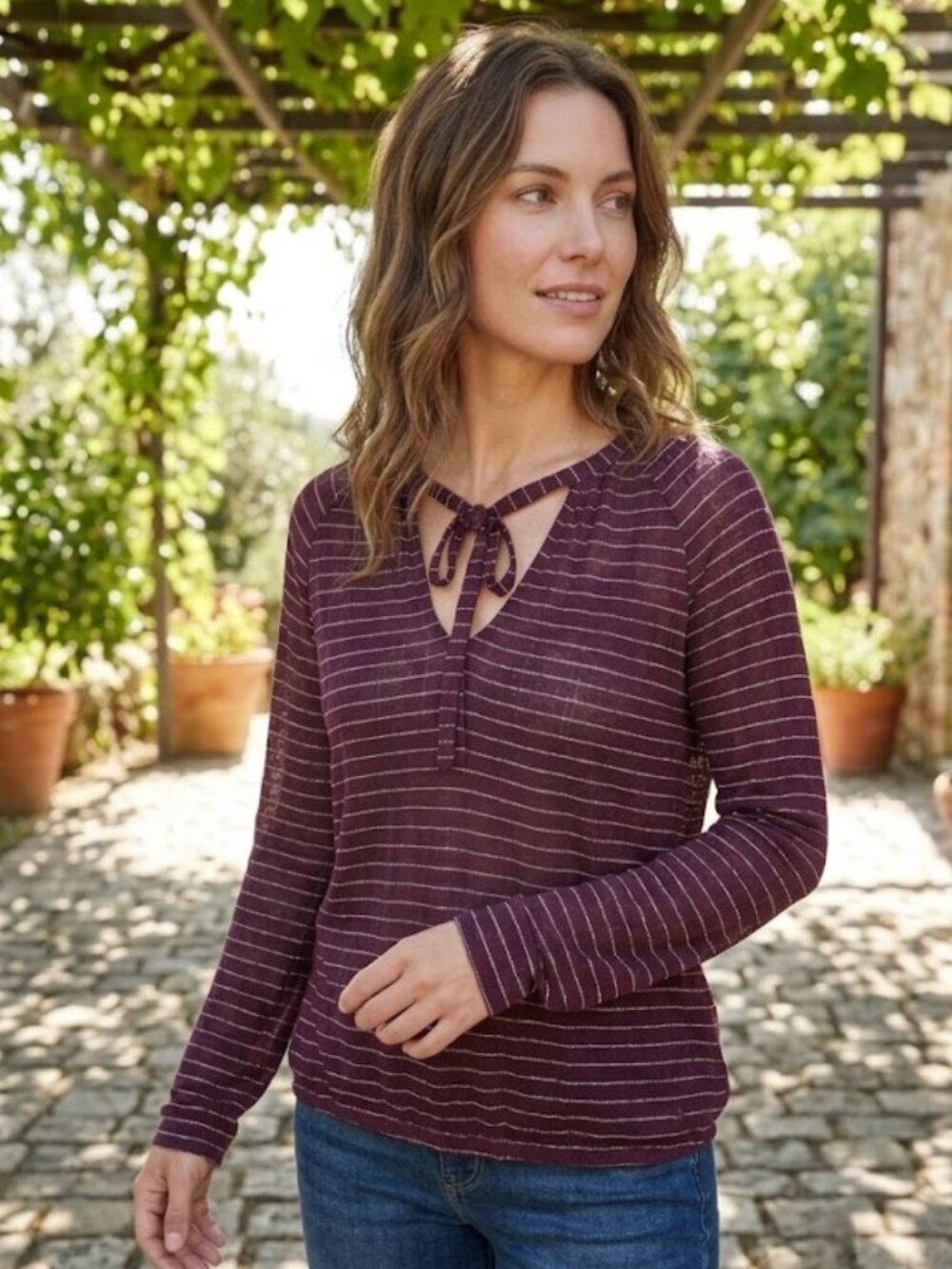 Lucky Brand Womens Size Small Purple White Stripe Sheer Long Sleeve Top Shirt